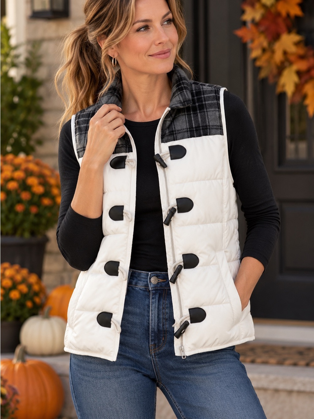 Ruff Hewn Ivory Plaid Puffer Vest Toggle Front Wool Blend Size L